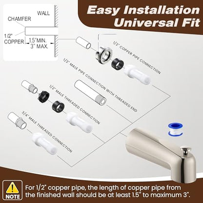 7″ Tub Spout Universal Fits,with Diverter,Brushed Nickel | Fits 1/2" Copper Pipe, 1/2" IPS and 3/4" IPS, Bathroom Bathtub Faucet with Adapters and Hex Wrench - color: Brushed Nickel, style: With Diverter