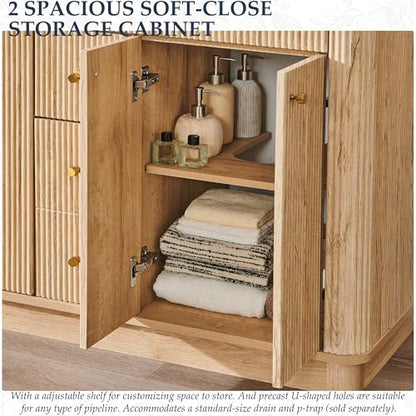 T4TREAM 48" Fluted Bathroom Vanity with Double Sink, Natural Oak | Integrated Resin Sink, 2 Large Storage Cabinets, Adjustable Shelf, 2 Drawers, Three pre-drilled faucet holes, Mid-Century - color: Natural Oak, size: 48" (Bouble Sink)