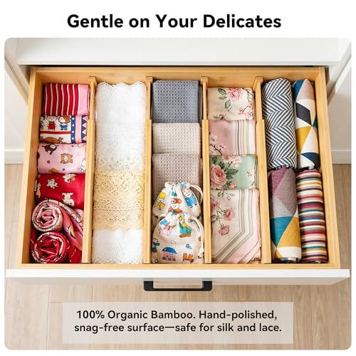 4 Pack 8" Deep Bamboo Drawer Dividers, 17-22" Expandable Kitchen Organizers | Adjustable Spring-Loaded Tension Separators with Foam Pad for Clothes, Utensils, Kitchen, Dresser, Nursery & Bathroom - size: 8"H, 17-22"L Adjustable