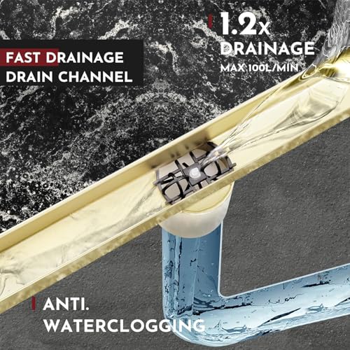 36 Inch Linear Shower Drain, Brushed Gold Shower Drain, Removable Grate, 304 Stainless Steel, Easy to Install and Clean for Bathrooms (Drain Base Not Included) - color: Brushed Gold, size: 36 Inch