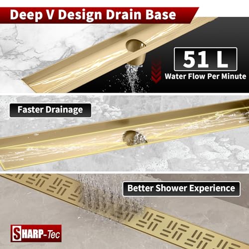 Sharp-tec Shower Drain, 28 inch Linear Shower Drain, Brushed 304 Stainless Steel Rectangular Shower Floor Drain with Adjustable Leveling Feet, Hair Strainer, cUPC Certified, ST-092-28G - color: Gold, size: 28 inch