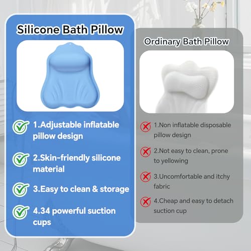Luxury Silicone Bath Pillow for Tub, New Cloud-Soft 4D Air-Cushion Bathtub Pillow for Head and Neck & Back Support, Strong Suction Cups, Waterproof Quick-Dry Bathtub Headrest (Blue) - color: Blue