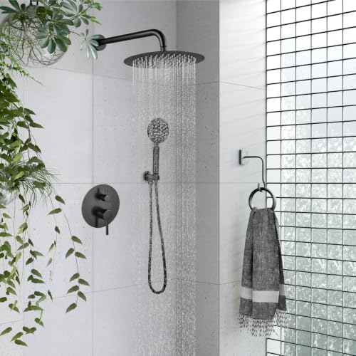 gotonovo High Pressure Shower System Valve and Trim Kit,Oil Rubbed Bronze | Round Rain 10 Inch Shower Head with Handheld Faucet Set Complete,Rough In Valve,2-in-1 Diverter,All Metal,Bathroom Wall Mount - color: Bronze