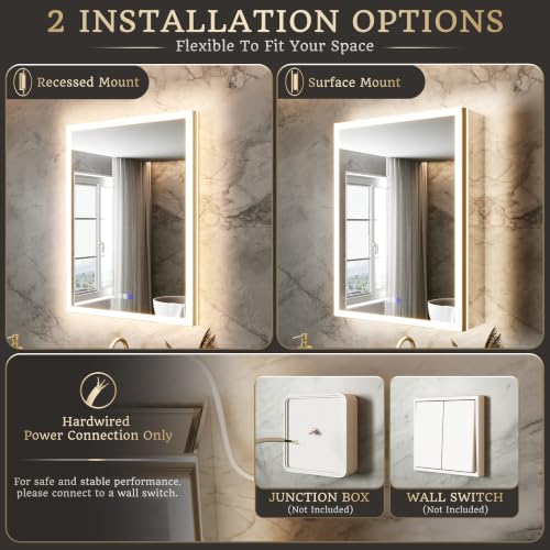 24x32 Lighted Medicine Cabinet, Separate Front & Back Lights | Surface/Recessed LED Medicine Cabinet for Bathroom with Side Mirrors, Dimmable Light, Anti-Fog, Memory,Silver Aluminum Frame - size: 24" x 32" (Left Hinge)