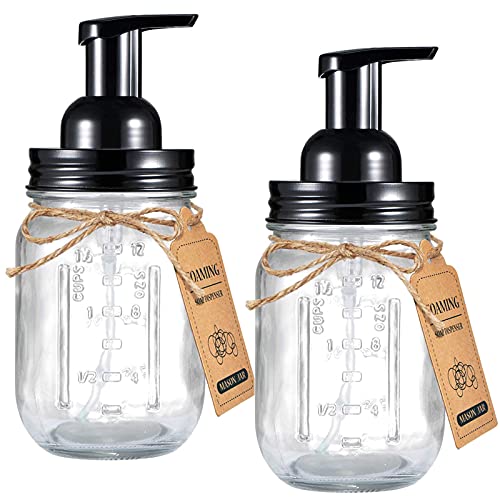 Amolliar Mason Jar Foaming Soap Dispenser, 16oz Hand Dispenser, Black 2Pack | Rustproof Stainless Steel Lid Plastic Soap Pump, Rustic Farmhouse Decor, Refill Foam Hand Soap Dispenser for Bathroom Kitchen - color: Black, size: 2 Pack