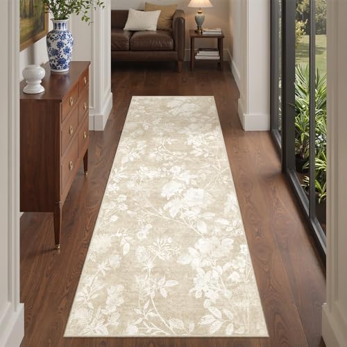 Soalmost Floral Runner Rug 2x5 for Hallway, Washable Soft Neutral Rug Beige | Vintage Oriental Low-Pile Non-Slip Thin Throw Kitchen Carpet Runner for Entryway Bathroom Laundry Room Bedroom 2'x5' - color: Floral Beige, size: 2' x 5' (Runner)