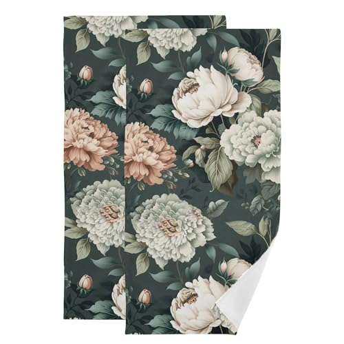 2 Pack Green Beige Peony Flower Hand Towels for Bathroom,Absorbent Fingertip Guest Vintage Chic Floral Leaves Decorative Bath Towels,Soft Botanical Dish Towels for Kitchen Decor 14"x28" - color: Green Beige