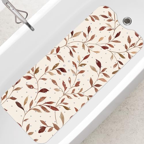 SHUCHING Brown Bath Mat for Tub Non Slip-40x16 Inch, Leaves | Bathtub Mat for Elderly Mold Free, Long Shower Mat for Inside Shower with Suction Cup, Machine Washable - color: Yellow Leaves