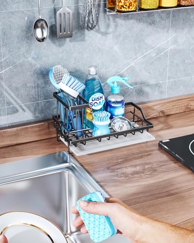 Consumest Sink Caddy, Kitchen Sponge Holder with Dish Brush Holder, Kitchen Sink Organizer with Drip Tray for Countertop Stainless Steel Rustproof, Black-Large - color: Black-l