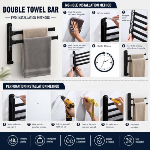 2-5 Arms Swivel Towel Rack Bath Towel Holder with Hook Swing Arm Towel Rack Wall Mount for Bathroom Kitchen-Black 2Arm - color: Black, size: 2-arm