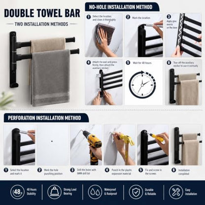 2-5 Arms Swivel Towel Rack Bath Towel Holder with Hook Swing Arm Towel Rack Wall Mount for Bathroom Kitchen-Black 2Arm - color: Black, size: 2-arm