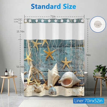 Shower Curtains for Bathroom No Hooks Needed, Beach Fishing Net Design No Hooks Shower Curtain with Snap in Liner and See Through Window, Double-layer Waterproof Shower Curtain with Weighted Bottom - color: Fishing Net
