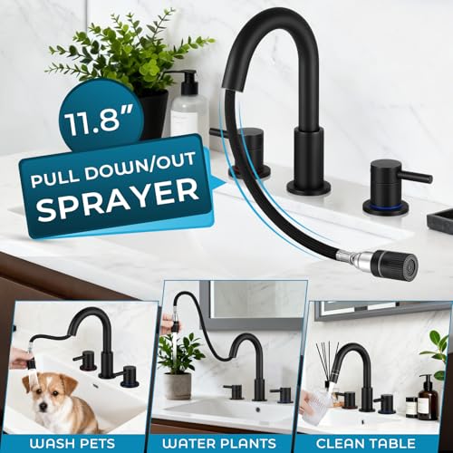 8 Inch Pull Down Bathroom Faucet 3 Hole,Black Bathroom Sink Faucet | Stainless Steel,Pull Down Sprayer,3 hole Widespread,with Pop-up Drain,Water Supply Hoses,Two Water Flow Modes, Black - color: A-Matte Black