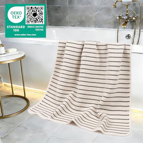 POLYTE 430 GSM Poly Blend Microfiber Quick Dry Waffle Bath Towel, 30x60 in | 4 Pack, Oversize, Lint Free, Body Towel - color: Light Beige/Black