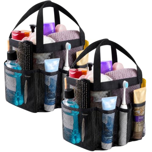 Lifewit Mesh Shower Caddy 2 Packs, Freestanding Portable Shower Tote Bag for Dorm, Bathroom, Gym, Travel, Quick Dry Hanging Organizer with 7 Storage Pockets for Toiletry Essentials, Black - color: Black