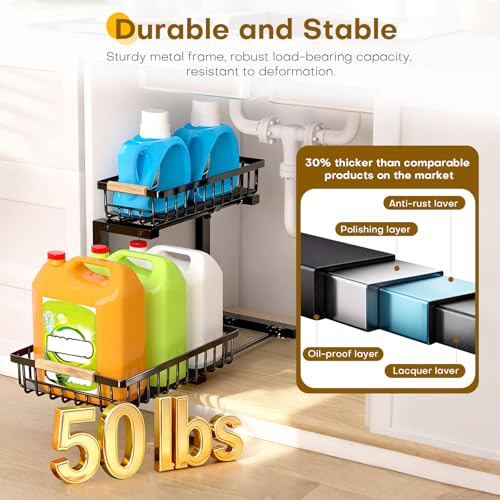 Under Sink Organizer, Heavy-Duty & Rust-Resistant Carbon Steel Metal, 2 Tier Pull Out Under Bathroom Sink Storage, Adjustable Height (13.8" -16.9"), Organizer for Kitchen Cabinet(2PCS,Black)