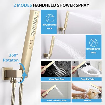 Rainfall Showerhead and Handle Set, 10" Bathroom Shower System, 3 Functions Wall Mounted Shower Faucet Complete Combo Solid Brass with Foldable Tub Spout Modern Bathtub Faucet Shower Trim Kit - color: Brushed Gold
