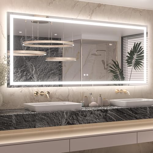 Keonjinn 72x32 Inch LED Bathroom Mirror with Lights, Frontlit & Backlit | HD Tempered Grass, 3-Color Temperature & Stepless Dimmable Lighting, Fast & Safe Defogging, Effortless Installation - size: 32"L x 72"W