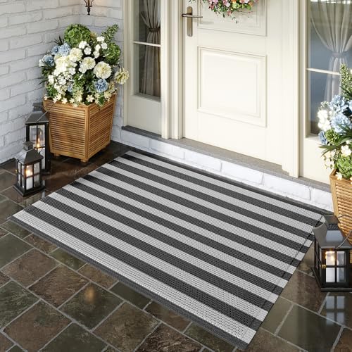 Front Door Mat 31''x47'', Rubber Floor Mats, Non Slip, Trap Dirt and Moisture, Easy Clean, Exterior Entry Mats All Weather for Patio Entryway Drainage - color: Black and Grey, size: 31''x47''