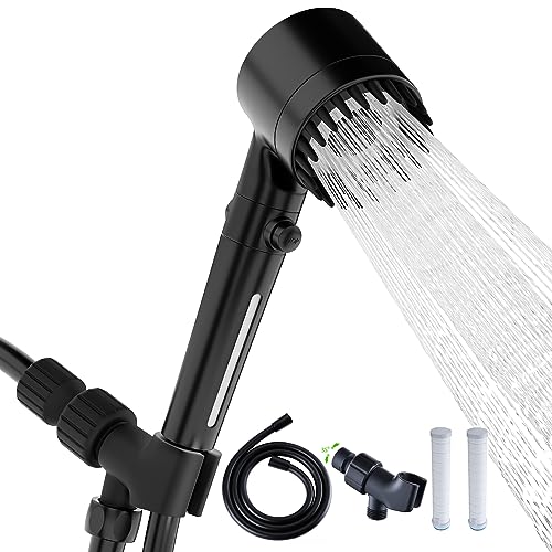 Shower Head with Handheld, Shower Heads High Pressure, High Flow Even with Low Water Pressure-Hand Held Showerhead Set,3 Modes Filtered Showerhead with 59″Replacement Hose/Bracket/Cotton Filters - color: solid black