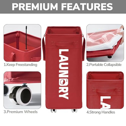 Goodpick 75L Collapsible Laundry Baskets with Removable Wash Bag and Wheels | Laundry Basket with Wheels, Rolling Laundry Hamper with Handle for College Dorm, Laundry Hamper on Wheels, Red - color: Red 1-Pack