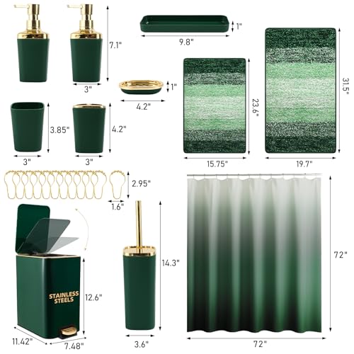 Bathroom Sets with Shower Curtain and Rugs Bathroom Accessories Set Dark Green Bathroom Set,Soap Dispenser & Toilet Brush Holder Set with Stainless Steel Trash Can(23 PCS) - size: Dark Green, style: Bath Set+Ombre Waffle Shower Curtain+Bath Rugs