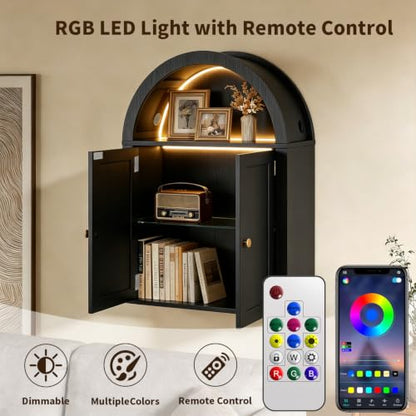 Bathroom Wall Cabinet with LED Light, Over The Toilet Storage Cabinet, Arched Bathroom Cabinet Wall Mount with 2 Doors & Adjustable Shelves, Above Bathroom Sink Cabinet for Laundry Kitchen (Black) - color: Black