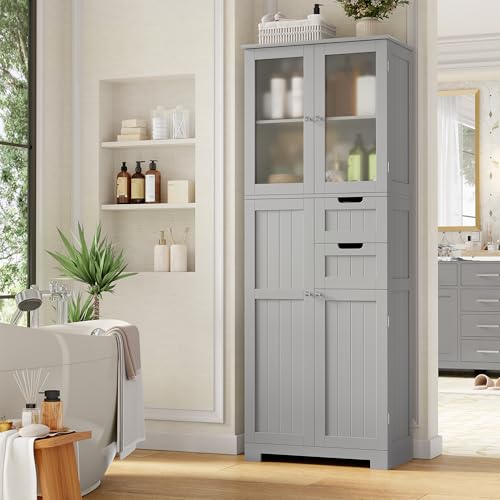 BOTLOG 67'' Tall Bathroom Storage Cabinet with Adjustable Shelf | Frosted Glass Doors, Wood Drawers, Kitchen Pantry Line Cabinet for Kitchen Bathroom, Living Room, Grey - color: Light Grey