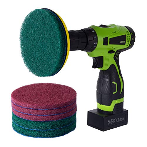 Kichwit 5 Inch Drill Powered Brush Tile Scrubber Scouring Pads | 2 Different Stiffness, 5" Pad Holder with 6 Scrubbing Pads, Cleans Large Flat Areas Perfectly (Drill NOT Included) - size: 5 Inch