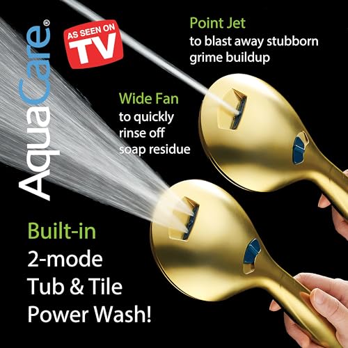 AquaCare New 8-mode High Pressure Handheld Shower Head w/ 2-way Power Wash | Stay Clean Nozzles, Dual Power Wash for Tub, Tile & Pets, Long 6 ft. Stainless Steel Hose, Wall & Overhead Brackets / Gold - color: Gold