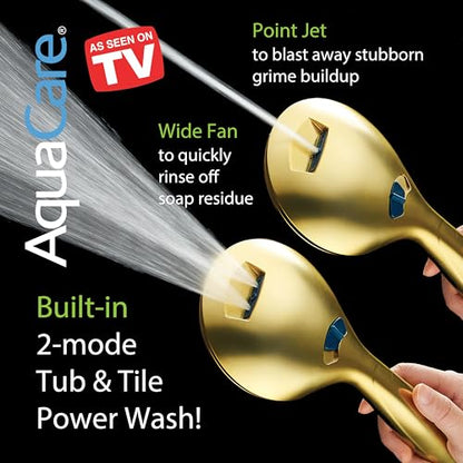 AquaCare New 8-mode High Pressure Handheld Shower Head w/ 2-way Power Wash | Stay Clean Nozzles, Dual Power Wash for Tub, Tile & Pets, Long 6 ft. Stainless Steel Hose, Wall & Overhead Brackets / Gold - color: Gold