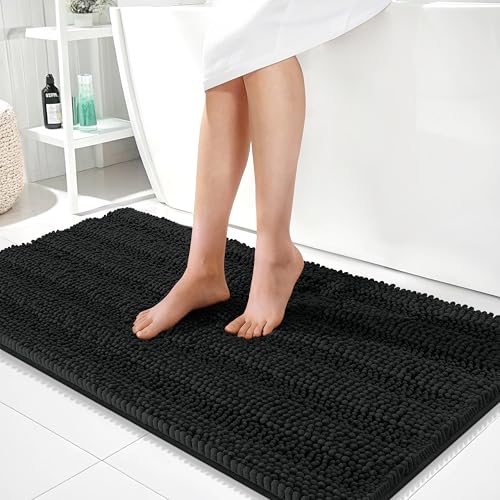 OLANLY Thick Bathroom Runner Rugs 44x24, Soft Chenille Bath Rugs, Black | Absorbent Striped, Rubber Backing, Machine Wash, Long Bath Mats for Bathroom Floor, Tub and Shower, Home Decor Accessories - color: Black, size: 44" X 24"