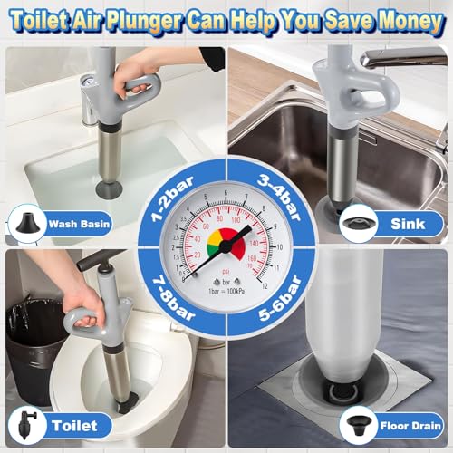 High Pressure Toilet Plunger, Heavy Duty Plunger for Bathroom(Grey) | High Pressure Air Drain Blaster Toilet Plunger with Real-Time Pressure Gauge, Heavy Duty Toilet Unclogger for Bathroom Clogs - color: Grey