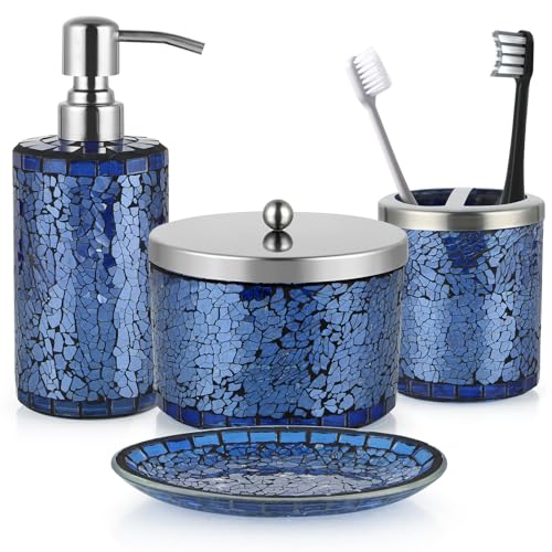 4 Pcs Mosaic Glass Bathroom Accessories Set, Modern Luxury Bath Ensemble, Includes Soap Dispenser, Cotton Swab Jar, Toothbrush Holder, Soap Dish (Shiny Blue)