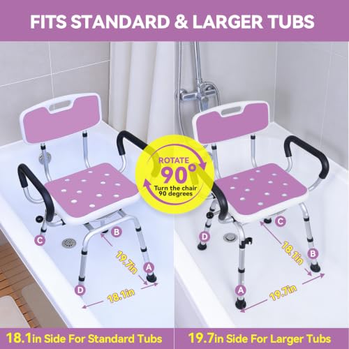 Swivel Shower Chair with Removable Arms and Back, 400 lbs | Adjustable Height Shower Seats for Inside Shower or Tub, Non-Slip Shower Stool, Safety Bath Seat for Elderly and Disabled - color: Purple
