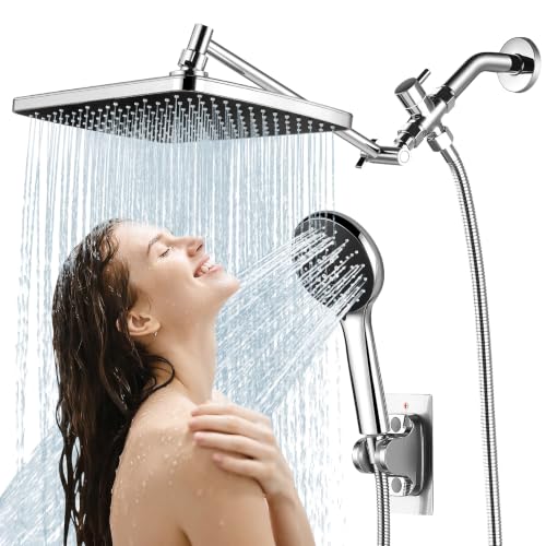 Shower Head with Handheld,High Pressure Chrome Rain Shower Head | Regaderas Para Shower,11.8" Rectangular,Rainfall Shower Head,Dual Shower Head,Bathroom Decor,Extension Arm,5 Spray Mode - color: A-Chrome, style: Rectangular 12"