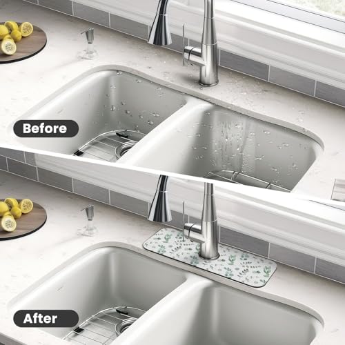 Watercolor Sage Green Grass Leaves Kitchen Sink Splash Guard Faucet Mat Super Absorbent Fast Drying Mat Sink Gadgets-Fast Drying Pad Sink Mat For Kitchen Bathroom (15" X 5.5" ) - color: Sage Leaves