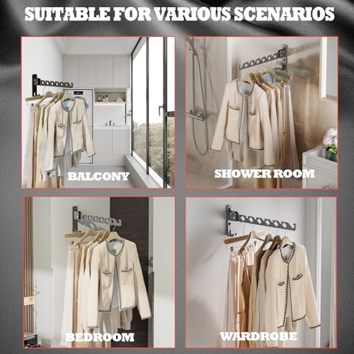 Dr.DJ Wall Mount Coat Hanger Holder Black Clothes Drying Organizer Rack Garment Hooks Aluminium Retractable Folding Indoor Wall Mounted Hanger Space Saver for Laundry Room Bedroom Black 2Pack - color: Black 2racks