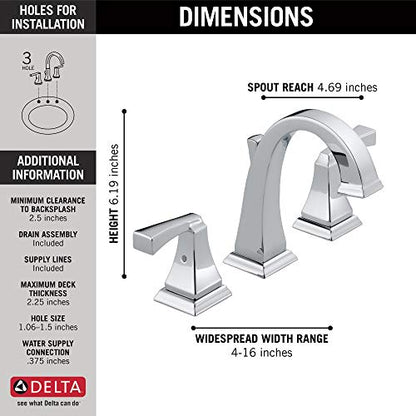 Delta Dryden Chrome Bathroom Faucet 3 Hole, 8 Inch Widespread Bathroom Sink Faucet for Vanity, Metal Push-Pop Drain Assembly, Chrome 3551-MPU-DST