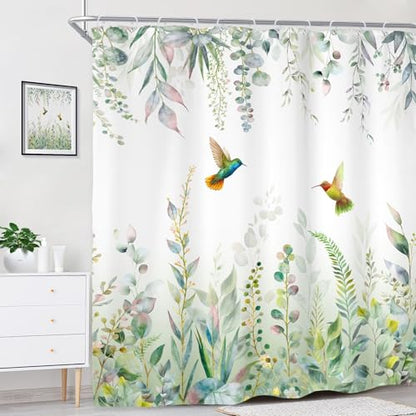Sage Green Eucalyptus Extra Long Spring Leaves Bathroom Shower Curtain Set | 72"W x 84"H Botanical Plants; waterproof HD print, quick-dry fabric with 12 free hooks for easy hanging. - color: A-sage Green, size: 72"W x 84"L (Pack of 1)