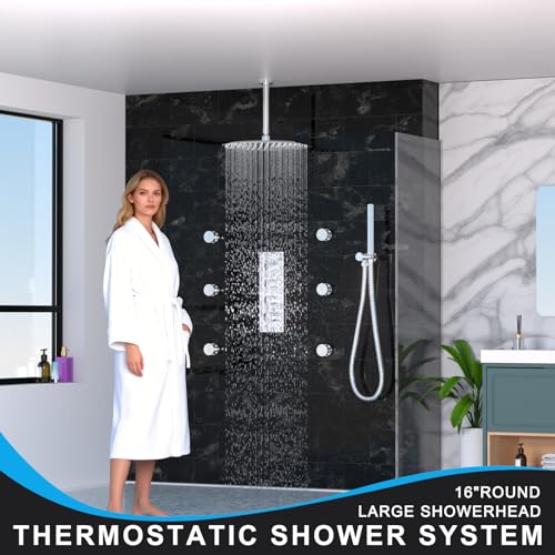 HOMEDEC 16inch Round Ceiling Mounted Rainfall Shower Faucet Set, 3 Way Shower Diverter Valve with 2-Function Handheld Shower and Body Sprays, Chrome - color: Chrome, style: 3-Way