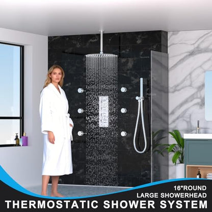 HOMEDEC 16inch Round Ceiling Mounted Rainfall Shower Faucet Set, 3 Way Shower Diverter Valve with 2-Function Handheld Shower and Body Sprays, Chrome - color: Chrome, style: 3-Way