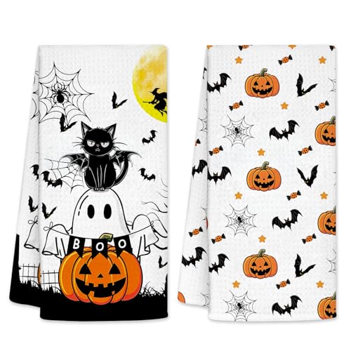 Cat Kitchen Towels, Pumpkin Towels Gifts for Cat Lovers, Cats Hand Towels for Kitchen, Bathroom Decor, 2 Pack Bat Waffle Dish Towels Gift for Christmas Thanksgiving 26x17 inch - color: Halloween-cat