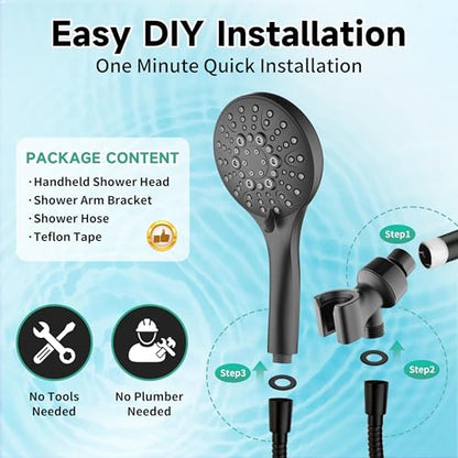 BRIGHT SHOWERS High Pressure Shower Head with Handheld, 9 Spray Settings Showerhead Built in Power Wash to Clean Tub and Pets, Extra Long 69" Hose, Adjustable Bracket, Matte Black - color: Matte Black, style: 2.5 GPM | 9 Modes