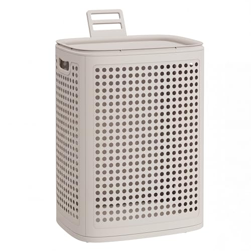 SONGMICS Laundry Hamper with Lid, Plastic Laundry Basket, 19.8 Gallons (75 L), Slim Storage Basket, for Bathroom, Bedroom, Cappuccino Beige URLH021L101 - color: Cappuccino Beige, size: Lid