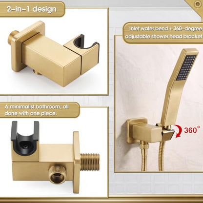 Shower Head Holder, Brass Handheld Showerhead Holder Bathroom Fixtures Wall Mounted Supply Elbow with Adjustable Shower Wand Bracket(Brushed Gold) - color: Brushed Gold
