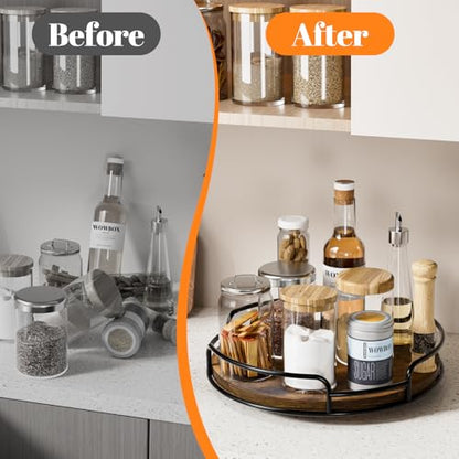 WOWBOX 9" Wood Lazy Susan Turntable Organizer for Cabinet, Pantry & Counter | Smooth 360° Rotation, Space-Saving Wooden Organizer for Spice Jars, Kitchen, Bathroom, Vanity & Tabletop - size: 9"