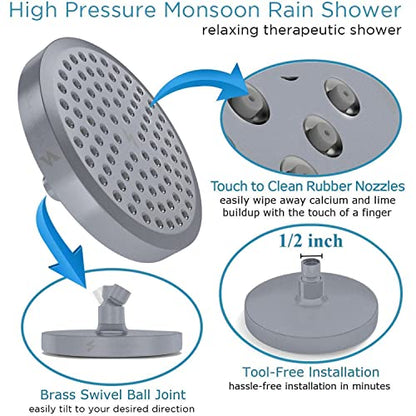 SparkPod Rain Shower Head, 6 Inch Round, Charcoal Grey Finish | High Pressure Shower Heads, 90 Nozzles, Adjustable Showerhead, No Tools Needed, Universal Connection - color: Charcoal Grey, style: 6 Inch Round
