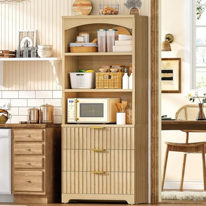 63.3" Tall Bookshelf, Bookshelves and Bookcases with Drawers, Arched Design Bookcase with Storage Cabinet, Natural Wood Grain Wave Pattern Storage Shelves for Living Room, Bedroom,Office - color: Brown