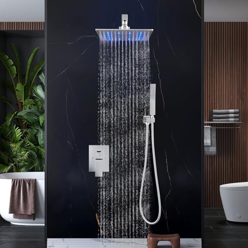 Aolemi Shower Faucet Set with Valve Handheld 12" LED Head Polish Chrome | Handheld Spray,12 Inch Rain LED Head,Valve and Trim Kit,All Metal,Wall Mount Shower System,Bathroom Mixer - color: Chrome, size: 12 Inch LED Shower Head